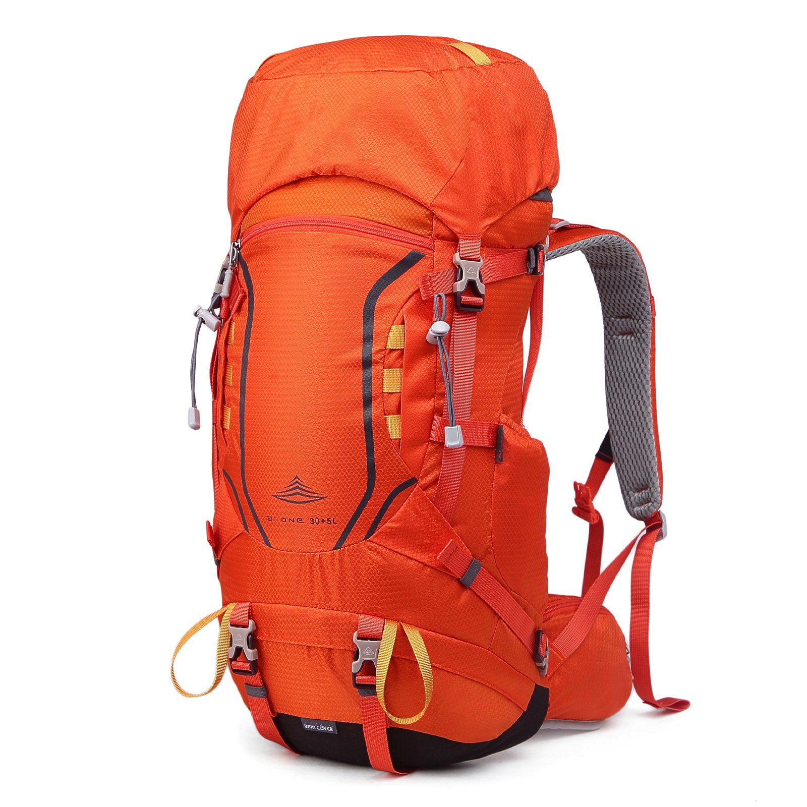 TAN.TOMI Wanderrucksack 35L (30L+5L) Großer Wanderrucksack mit Rückenbelüftung (Einschließlich Regenschutz), mit Regenschutz für Outdoor Reisen Camping Trekking Orange