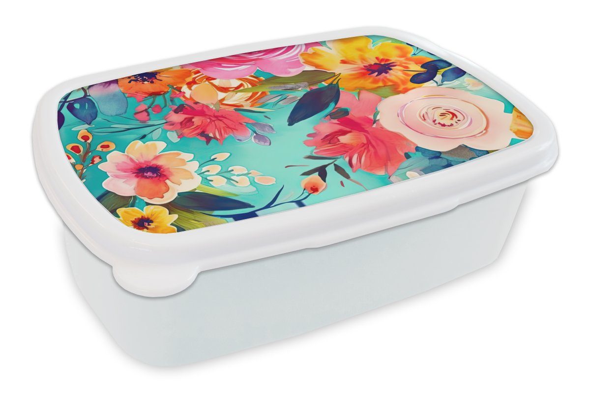 MuchoWow Lunchbox Blumen - Ölfarben - Natur, Kunststoff, (2-tlg), Brotbox für Kinder und Erwachsene, Brotdose, für Jungs und Mädchen weiß