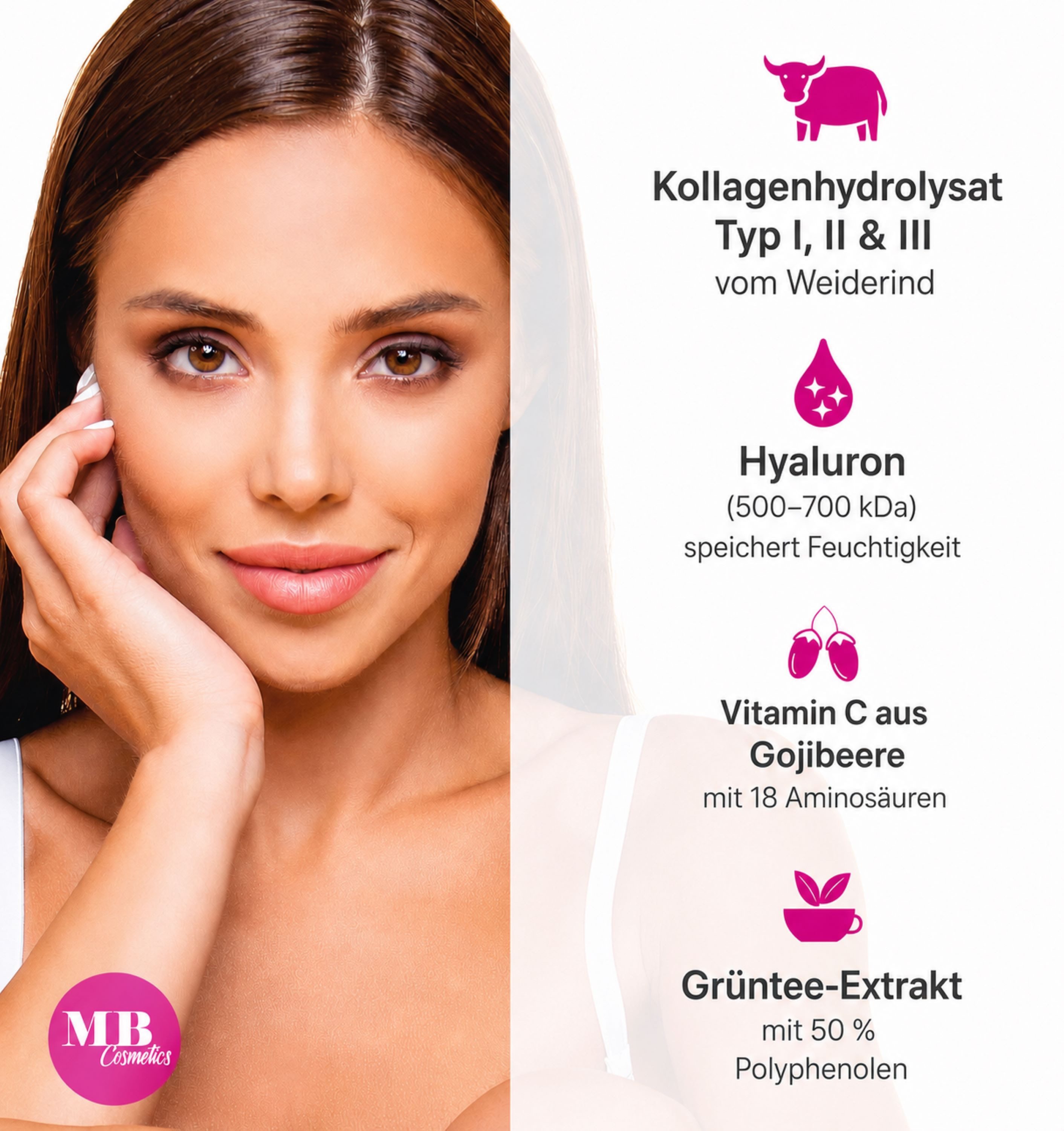 Medical Beauty Cosmetics Kollagen Hyaluron Komplex - 1000 mg mit Gojibeere, Biotin, Zink, 180 Kapseln, 1 er Packung à 144 g, Premium Kollagen Hydrolysat vom Weiderind, mit Grüntee & Selen