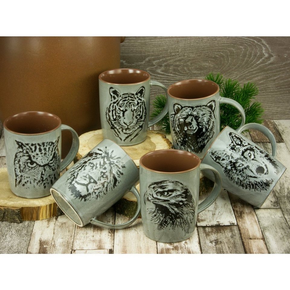 CreaTable Becher Kaffeebecher Wildlife, Steinzeug, Tiermotive als Relief,  Tassen Set, 6-teilig, Echtes „Safari Feeling“ bei Ihnen zuhause!