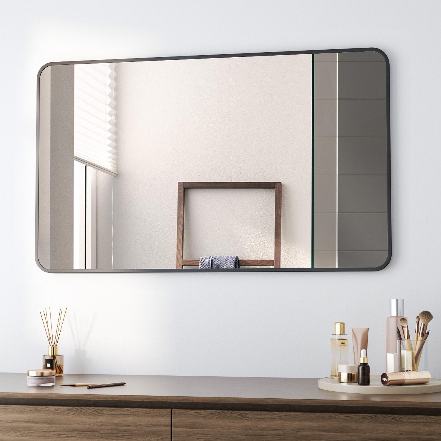 Boromal Spiegel groß Rechteckig 100x60 Schwarz Wandspiegel Badspiegel Metall Rahmen (Flurspiegel, HD Spiegel, explosionsgeschützt), hängend,Wand gelehnt,vertikal,horizontal