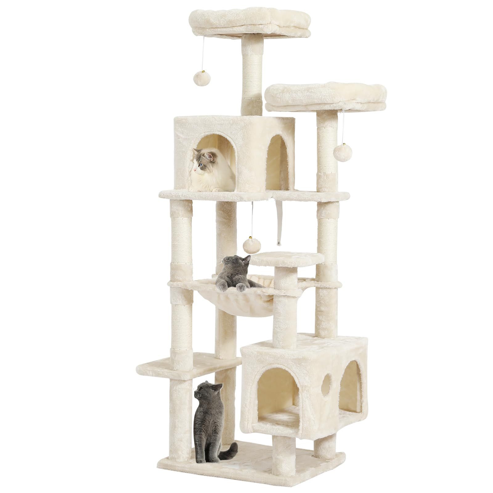 MSMASK Kratzbaum groß, Mehrstöckiger Katzenbaum Stabil, mit 2 Plattformen, 2 Katzenhöhle, 1 Hängematte, Sisalpfosten