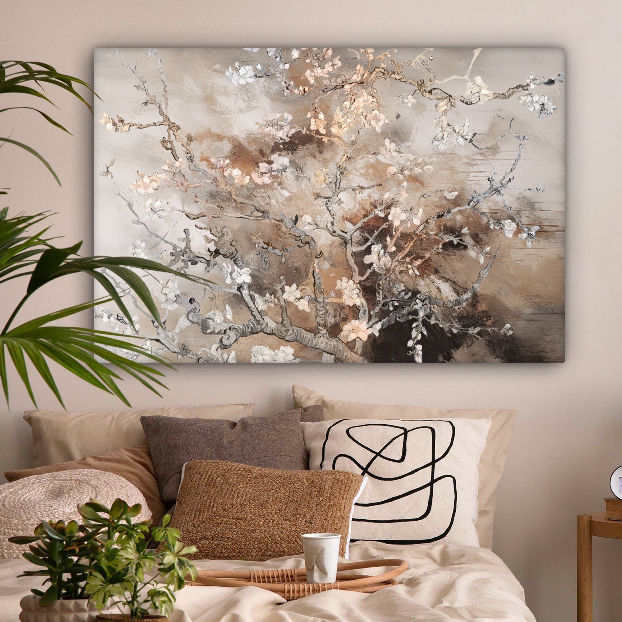 OneMillionCanvasses® Leinwandbild Mandelblüte - Kunst - Van Gogh - Beige - Abstrakt, Fotodruck (1 St), Wandbild XXL für Wohnzimmer Küche 120x80 cm