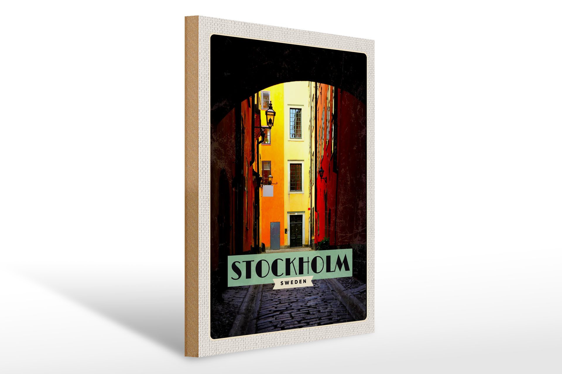 Holzbild Reise 30x40cm Stockholm Schweden Gasse Reise