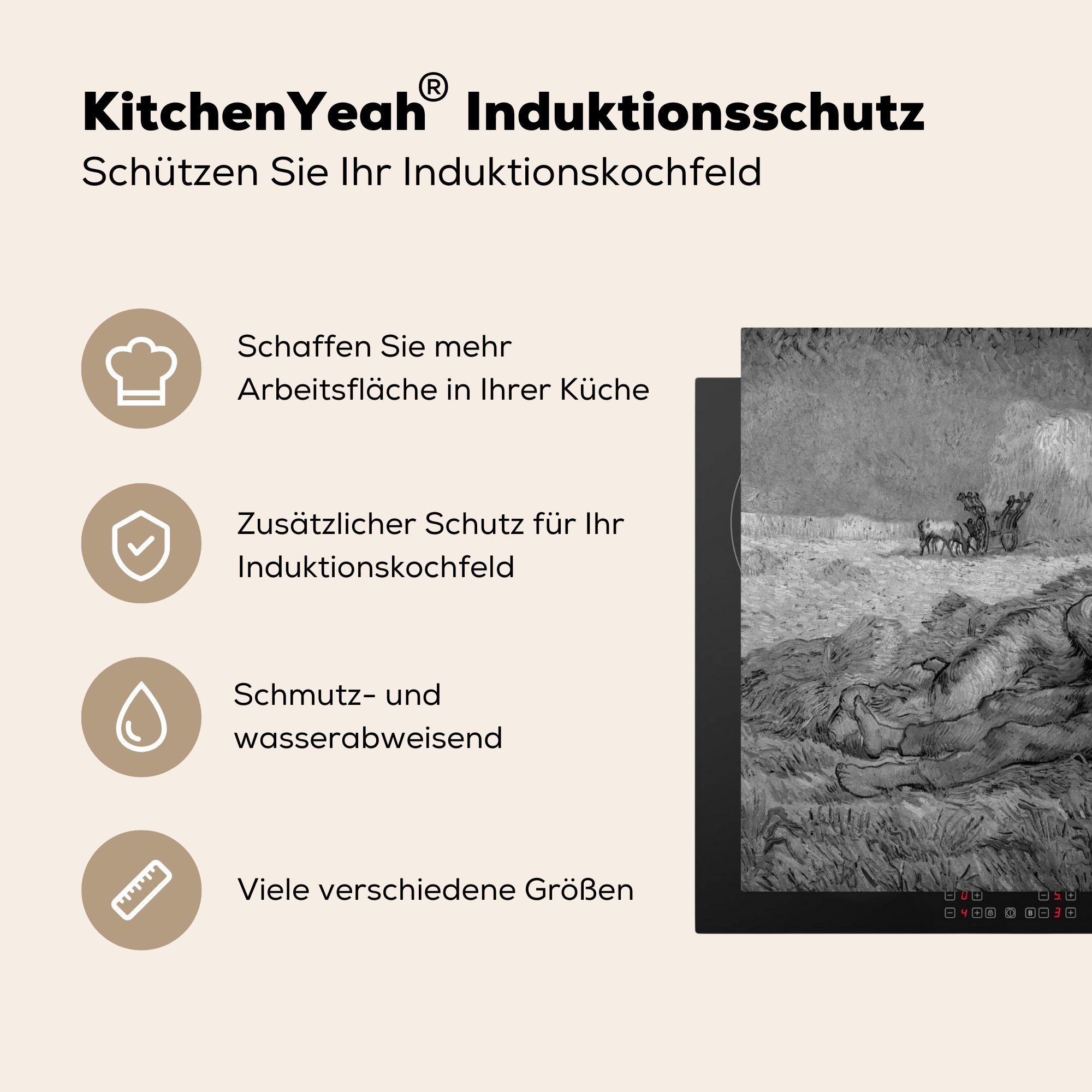 Vincent für - Rest küche, - - des Weiß, (1 van Vinyl, Ceranfeldabdeckung Schwarz Gogh die MuchoWow tlg), Werkes Induktionsmatte cm, Herdblende-/Abdeckplatte 59x52