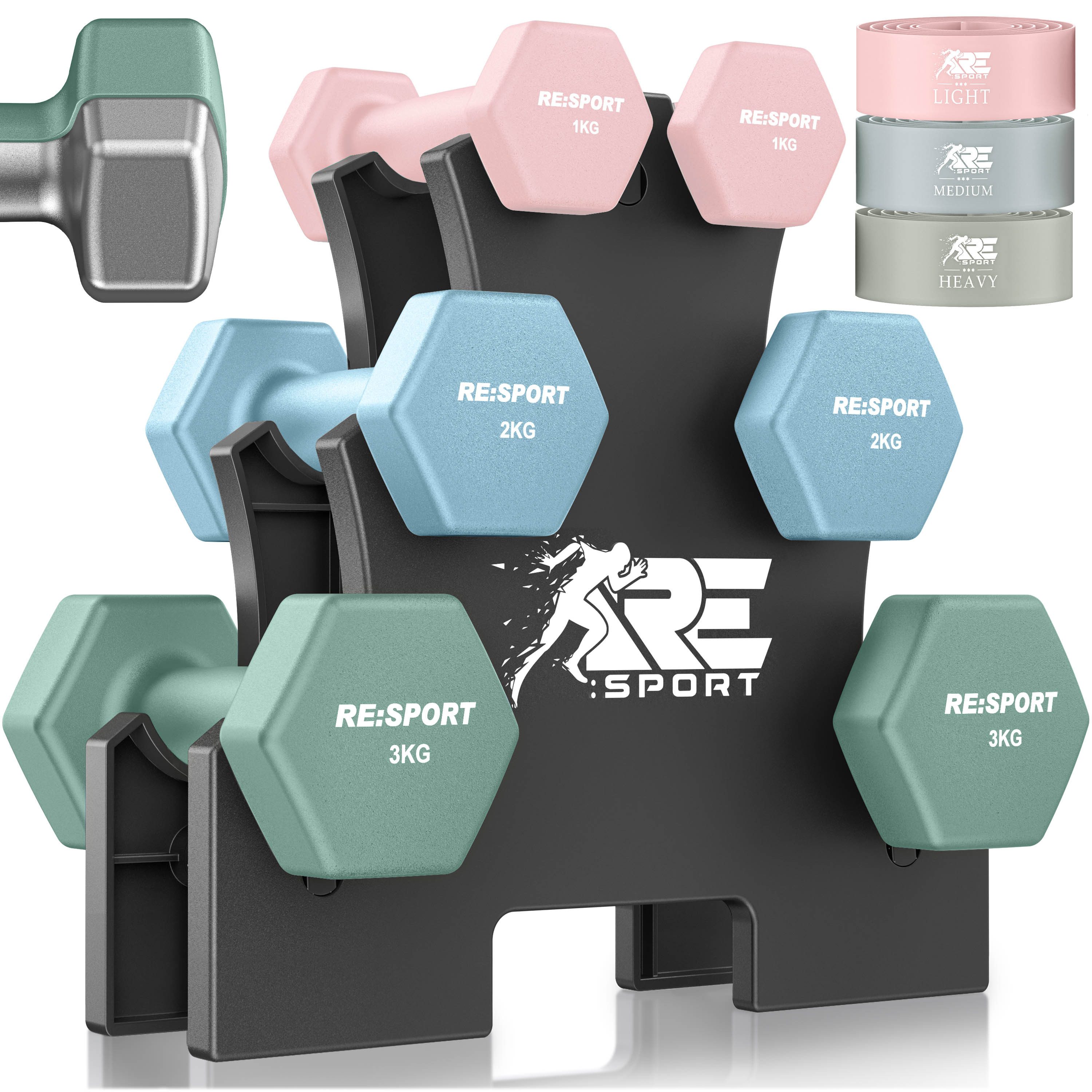 RE:SPORT Hantel-Set Hantelset mit Ständer inkl. Fitnessbänder, (Hanteln Hantelset für Damen & Herren), Hanteln Set Neopren 3 Paar mit Ständer