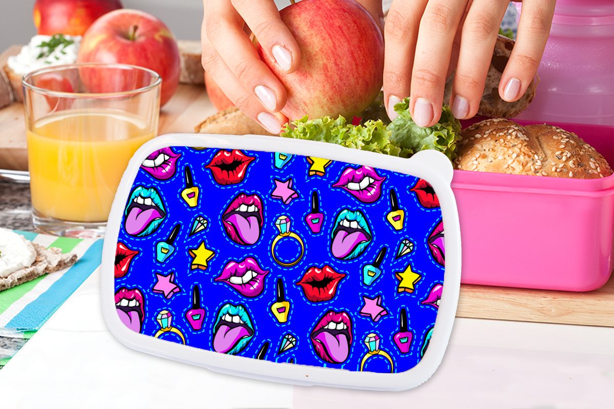 Lunchbox für Kunststoff, Kunststoff Snackbox, Kinder, (2-tlg), - Brotbox MuchoWow Mädchen, Brotdose Muster Neon - Popart rosa Erwachsene, Blau, -