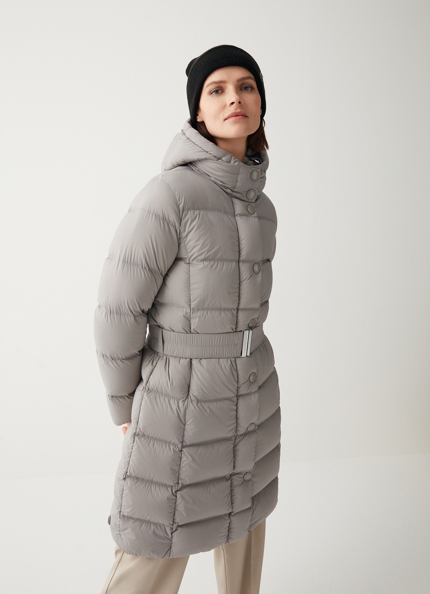 Colmar Daunenmantel mit Gürtel und fester Kapuze graubraun Damen