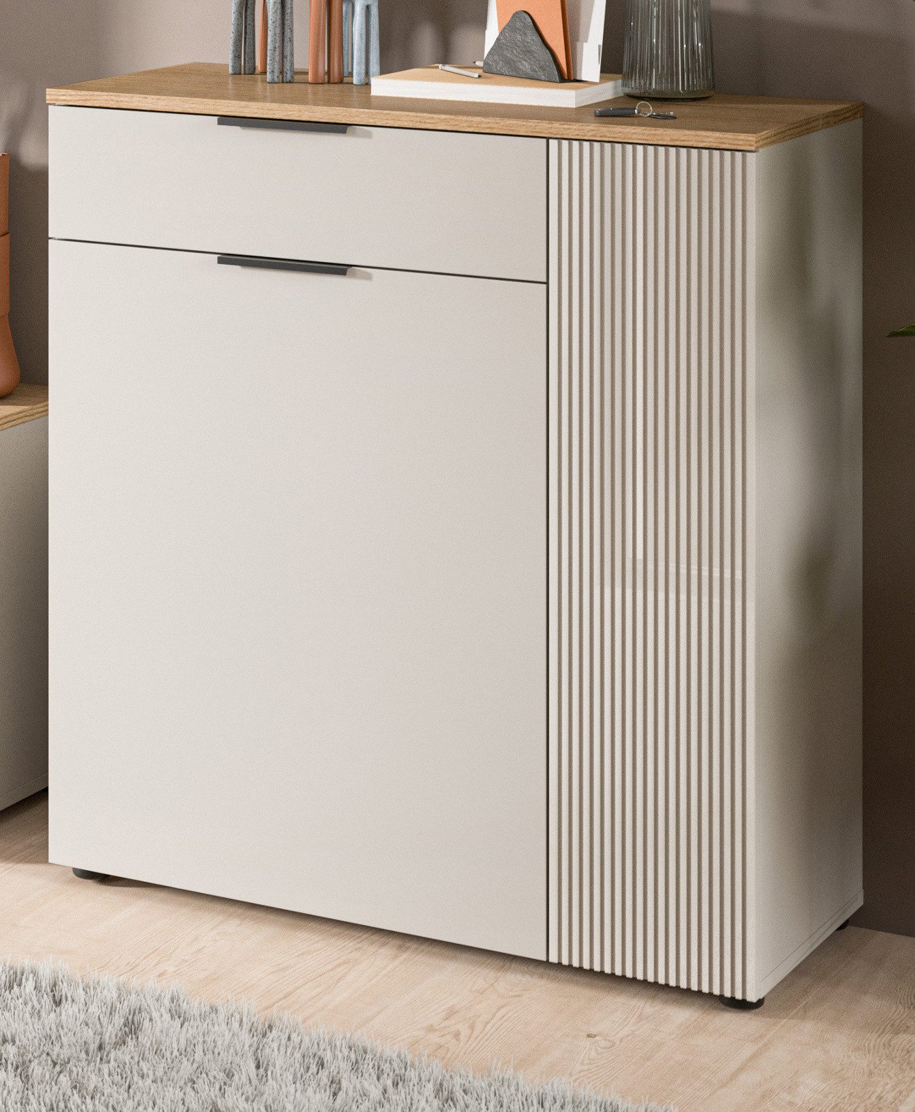 Inn.Furn Schuhkommode Skid (Kommode in Kaschmir Sand mit Eiche, 80 x 88 cm), Vollauszug und Fräsungen