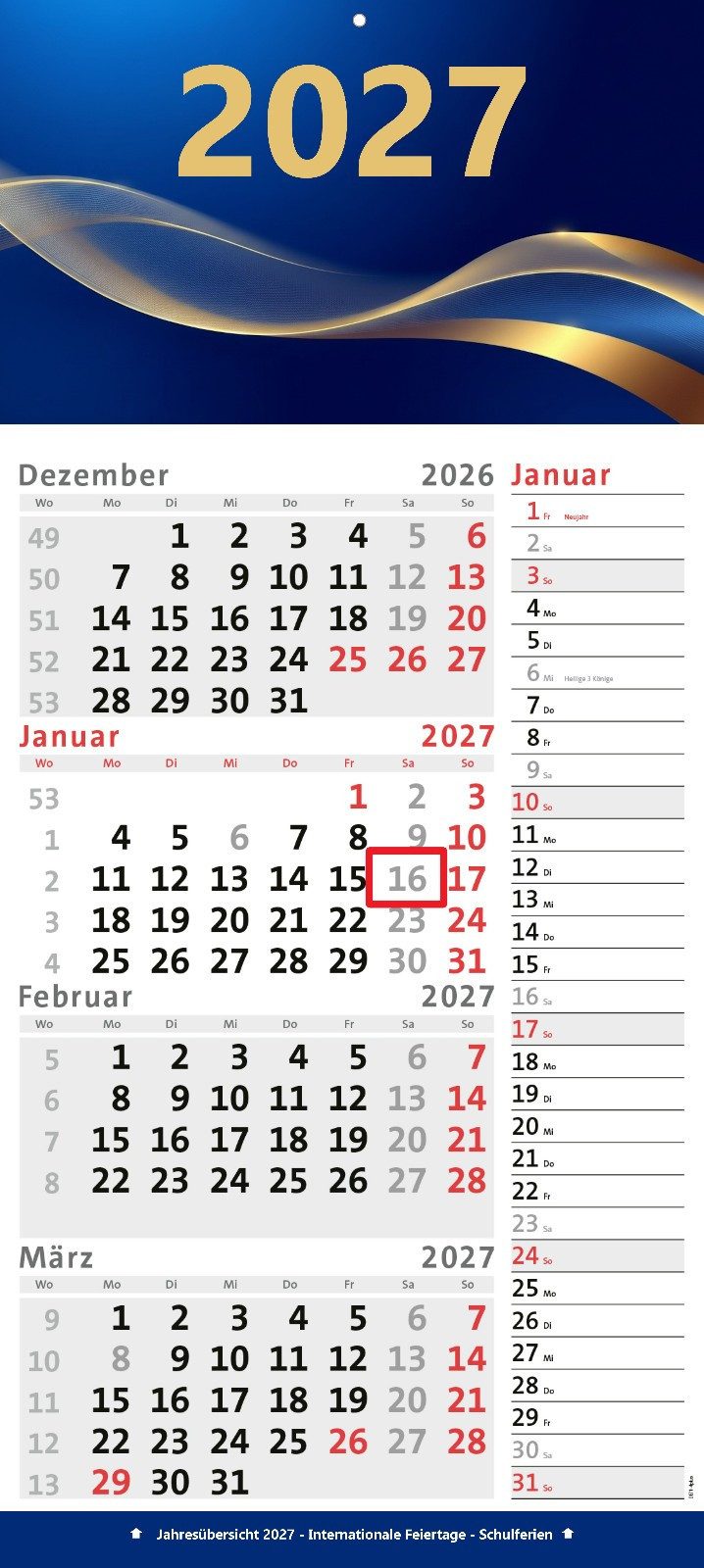 Anschütz Wandkalender 4-Monatskalender Kombi mit Notizstreifen 2027
