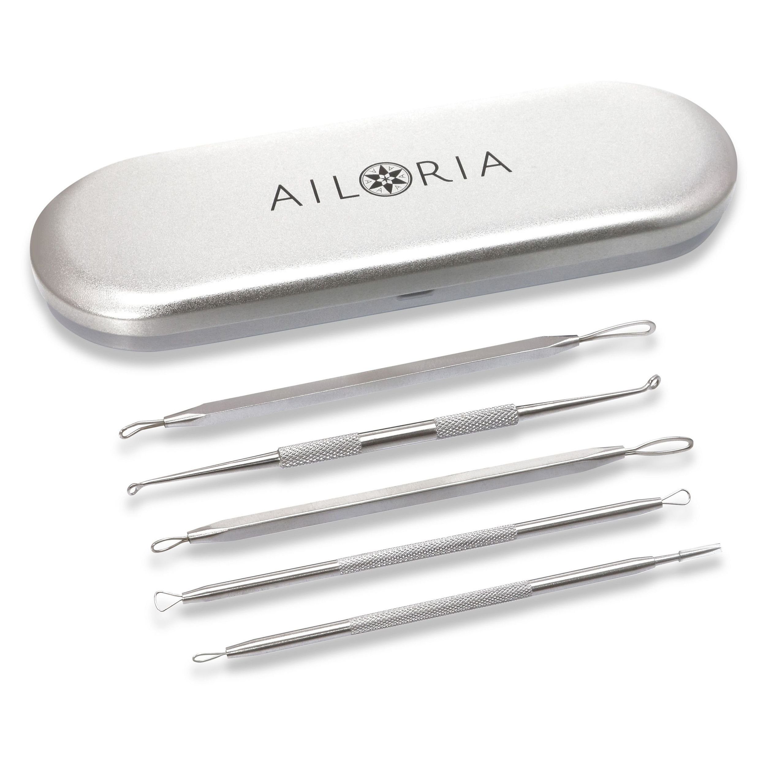 AILORIA Mitesserentferner PURE Mitesserentferner-Set, Mitesserentferner-Set mit 5 verschiedenen Werkzeuge