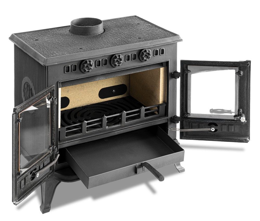 ECOfoxx Kaminofen EEK A Gusskaminofen mit Flügeltüren Modell JA006, Holz&Kohle, 9,8 kW, Dauerbrandfähig, massiver Gusseisen, großer Aschekasten in Schaufelform, Bauart 1