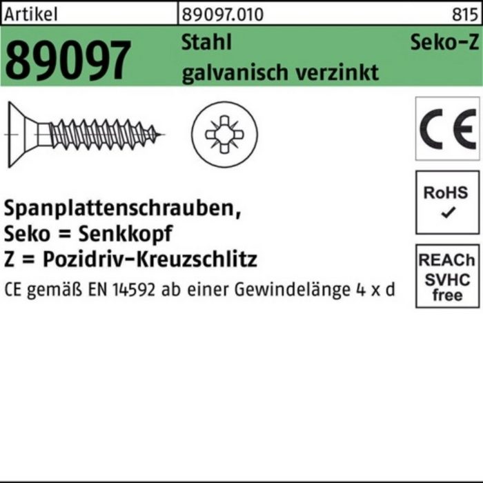 Reyher Spanplattenschraube 500er Pack Spanplattenschraube R 89097 SEKO PZ VG 5x35-Z Stahl galv.ve