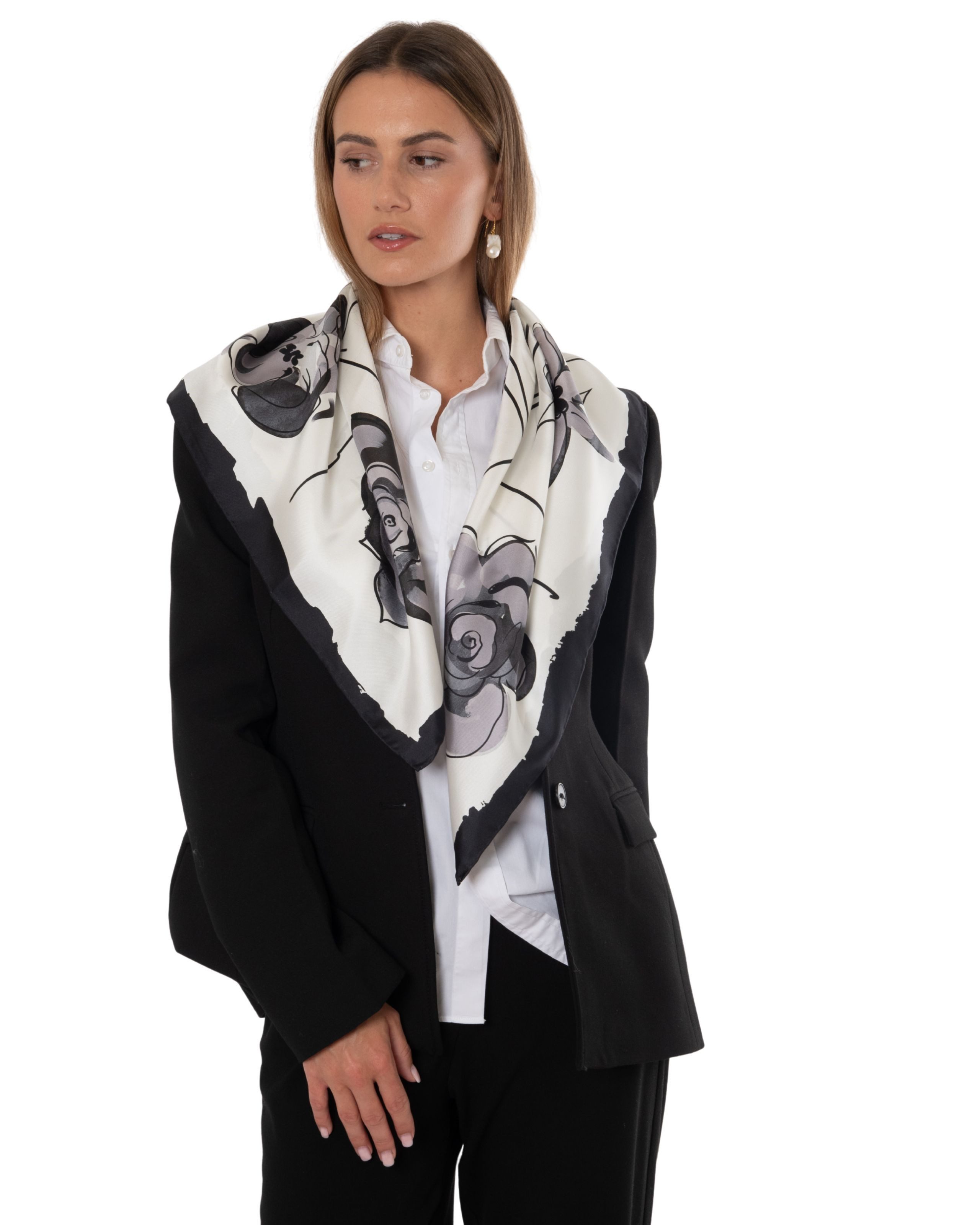 Seidentuch Premium Twill-Seide quadratisch 86x86, Blüte weiß schwarz