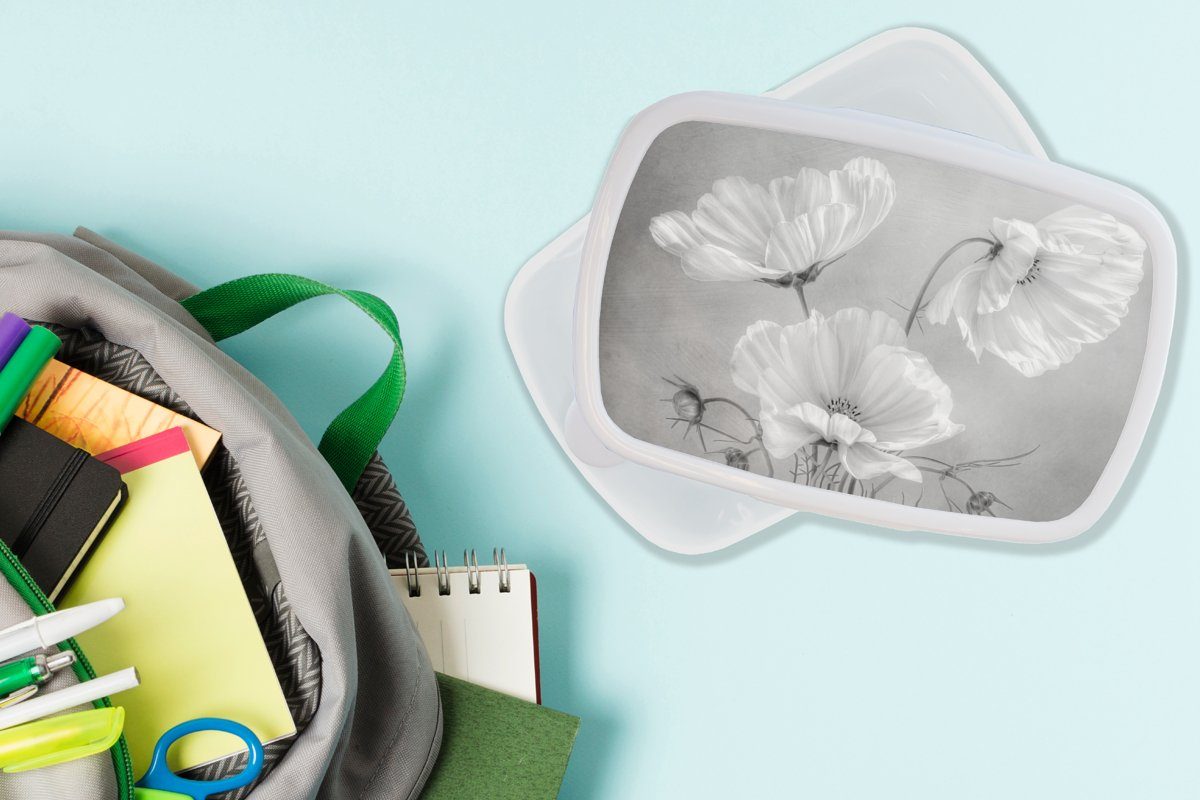 MuchoWow Lunchbox Stilleben - für (2-tlg), - Schwarz weiß Kunststoff, und Blumen Botanisch, Brotbox - Mädchen Brotdose, und für Mohn Jungs und Kinder - Erwachsene