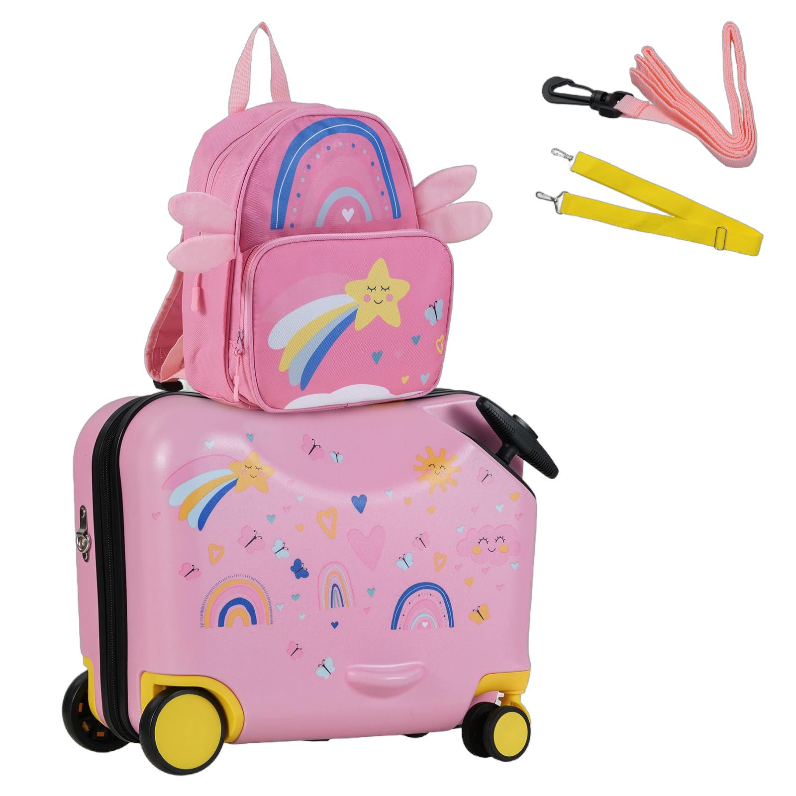 COSTWAY Kinderkoffer 12"+18" Kindertrolley, zum sitzen, mit 4 Rollen & Rucksack