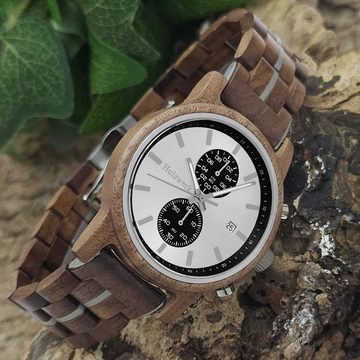 Holzwerk Chronograph GRONAU Herren Holz Armband Uhr mit Datum, braun, silber & schwarz
