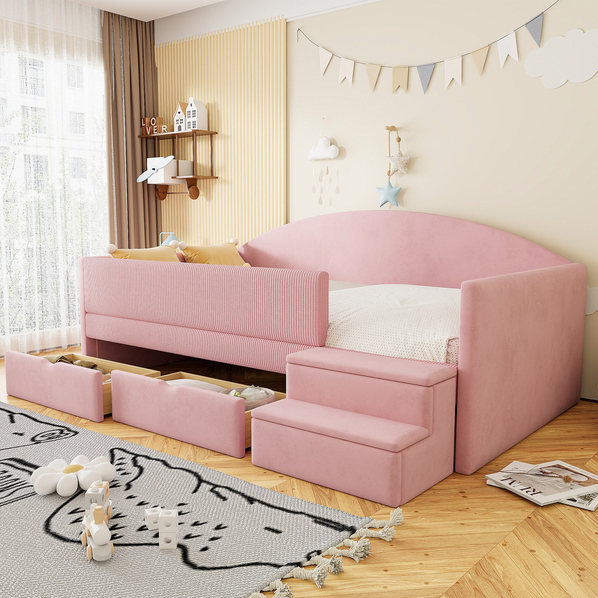 Flieks Polsterbett, Kinderbett Einzelbett 90x190cm mit 2 Schubladen Treppe Rausfallschutz