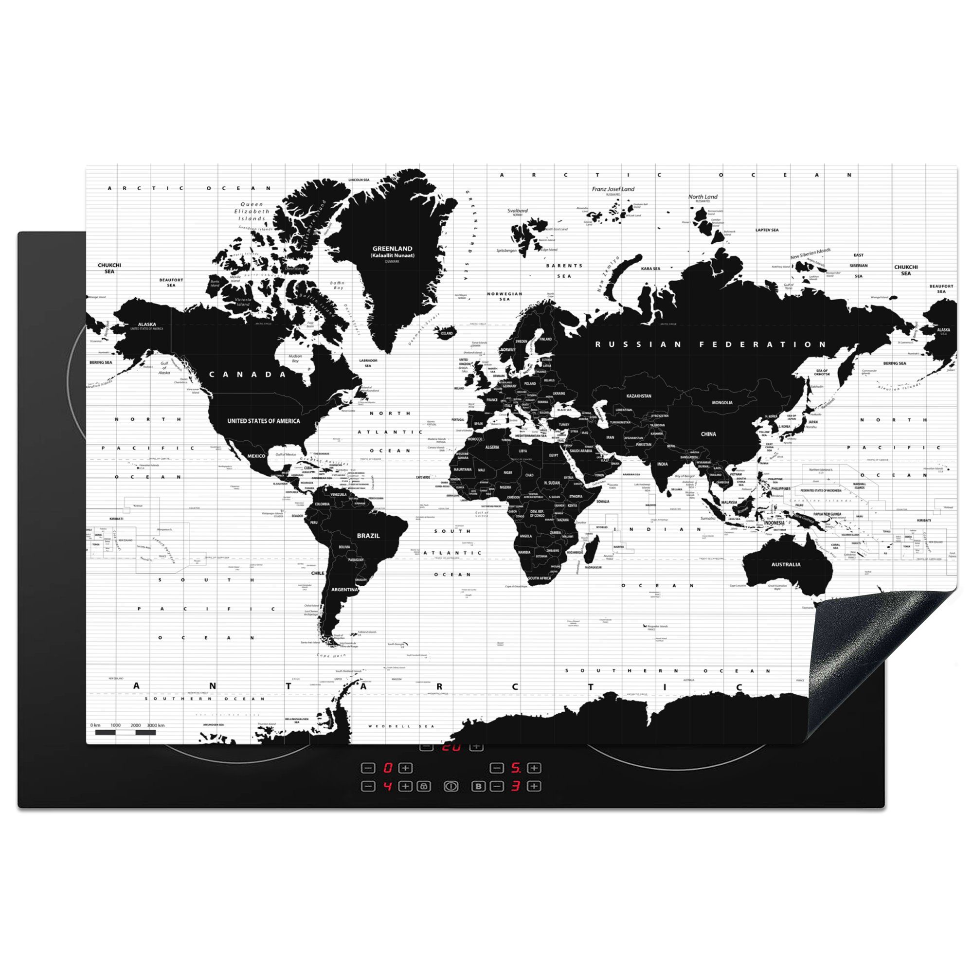 Atlas - tlg), - MuchoWow - cm, - Schwarz Erde Vinyl, (1 Ceranfeldabdeckung, Bildung, Weiß - 77x51 küche für Herdblende-/Abdeckplatte Weltkarte Arbeitsplatte