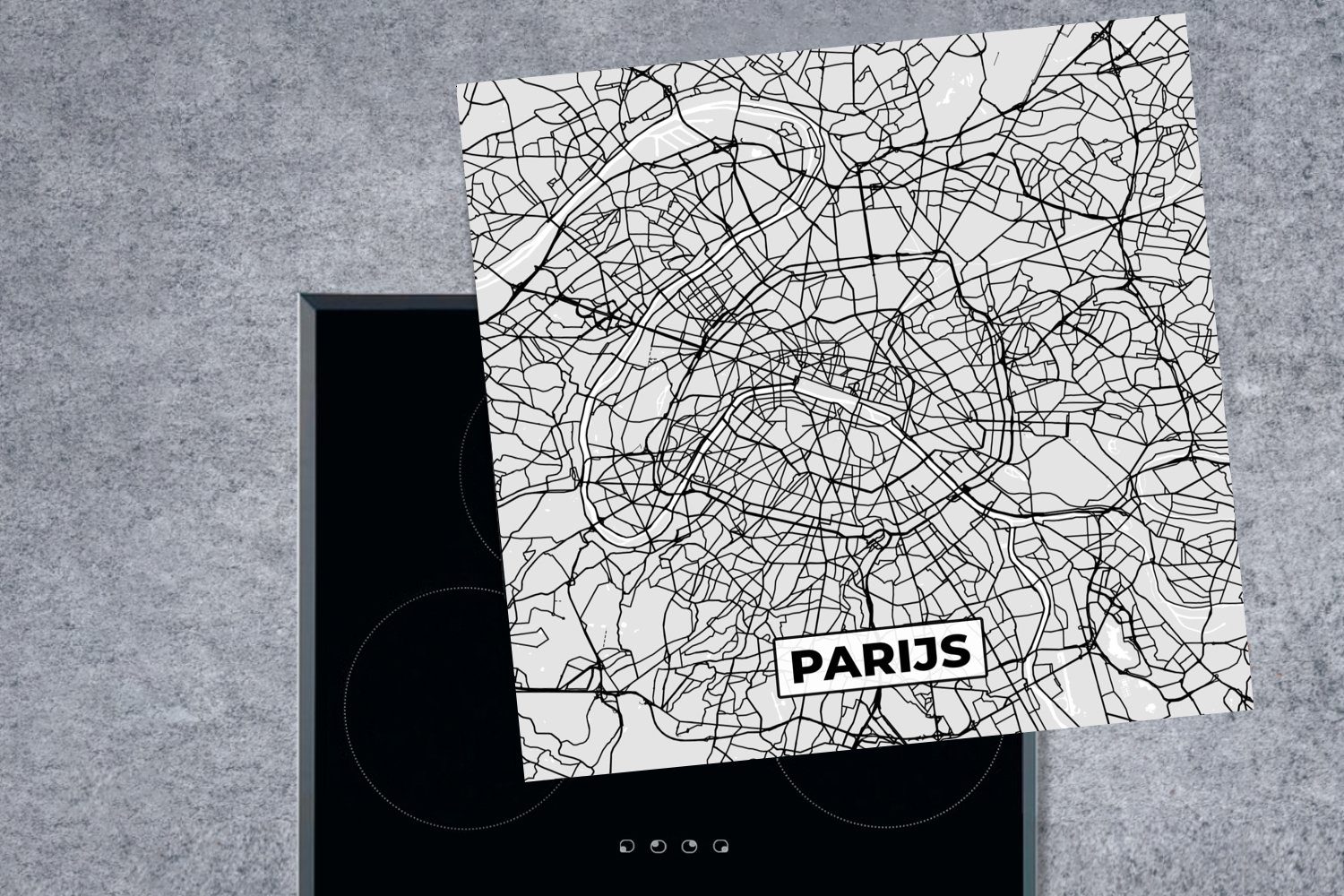 MuchoWow Herdblende-/Abdeckplatte Paris tlg), und Vinyl, weiß (1 - - küche - Stadtplan Ceranfeldabdeckung, Schwarz 78x78 Karte, Arbeitsplatte für cm
