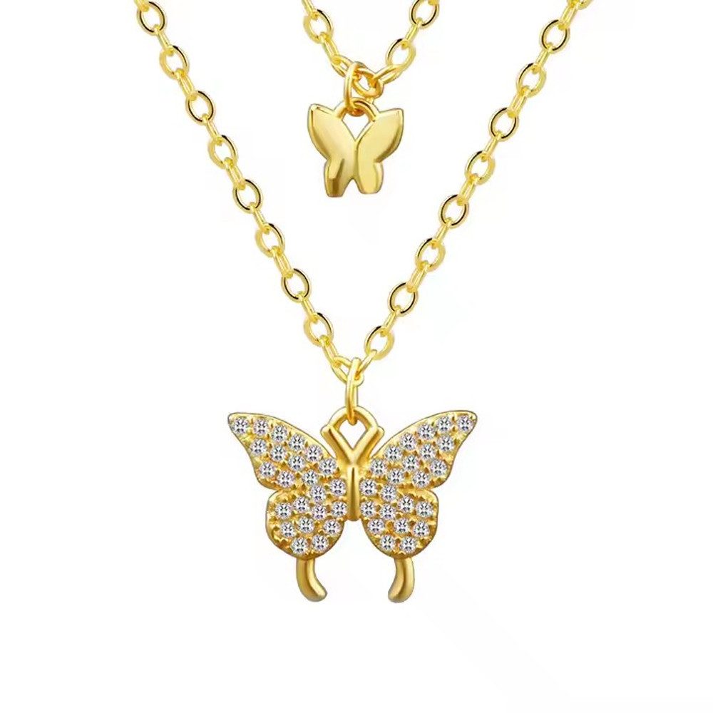 Runde Perlé Kette mit Anhänger doppelte Kette mit Schmetterling Anhänger, kurze Halskette, 925er Silber, 18K Gold, Roségold (inkl. Geschenkverpackung)