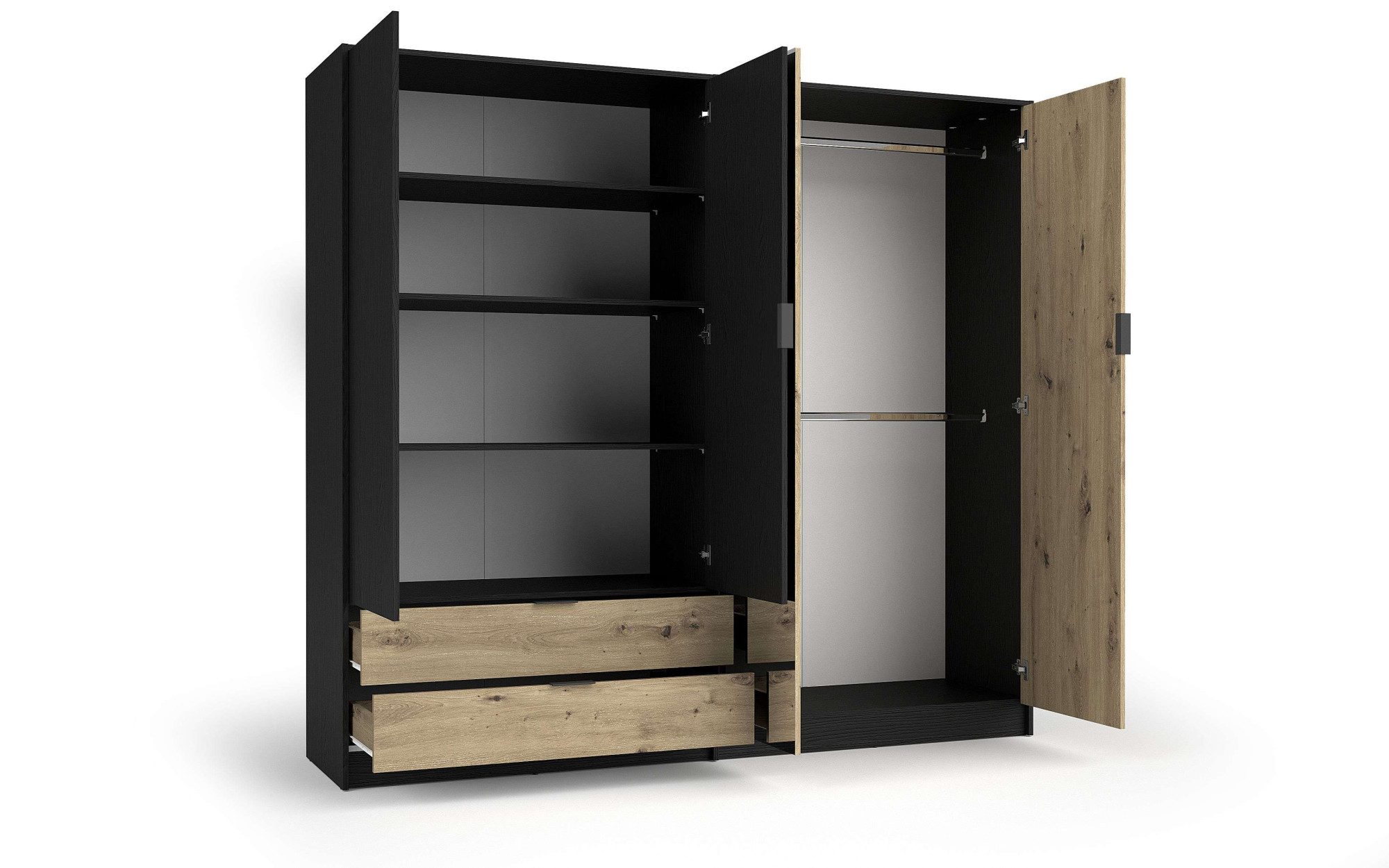 OTTO home Kleiderschrank PEERY mit Spiegel, 2 Schubladen, 4 Fächer und 2 Kleiderstangen Garderobe mit 4 Türen und schwarzen Griffen, Maße B/T/H: 220/54/203cm – Bild 4 von 5