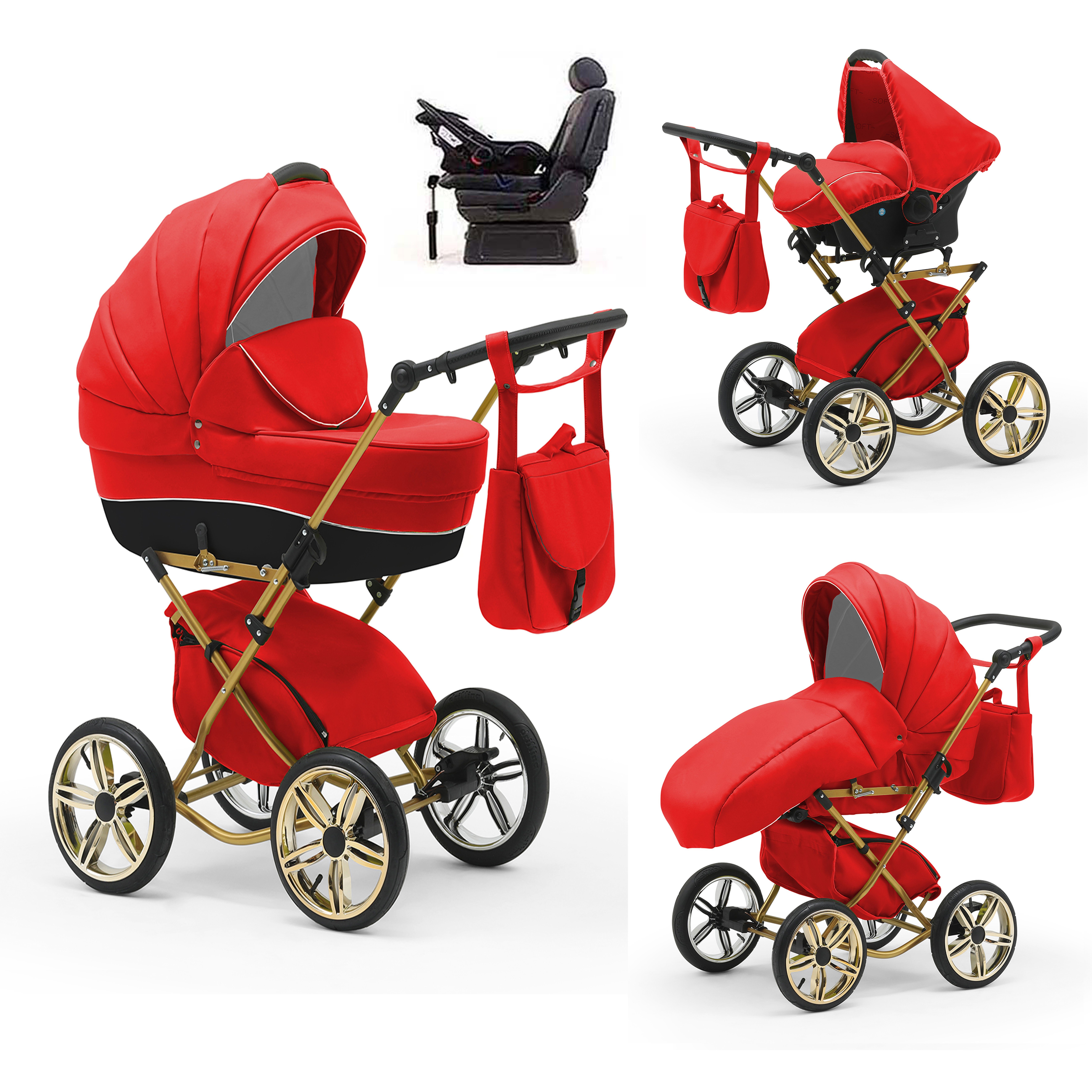 babies-on-wheels Kombi-Kinderwagen Sorento 4 in 1 inkl. Autositz und Iso Base - 14 Teile - in 10 Designs Rot