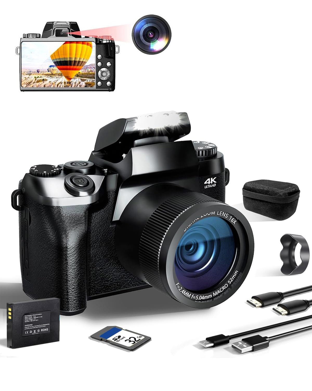 FANNOU 4,0" Touchscreen Kompaktkamera (64 MP, WLAN (Wi-Fi), 4K Digitalkamera Fotokamera mit Vorder- und Rückobjektiv für Anfänger)