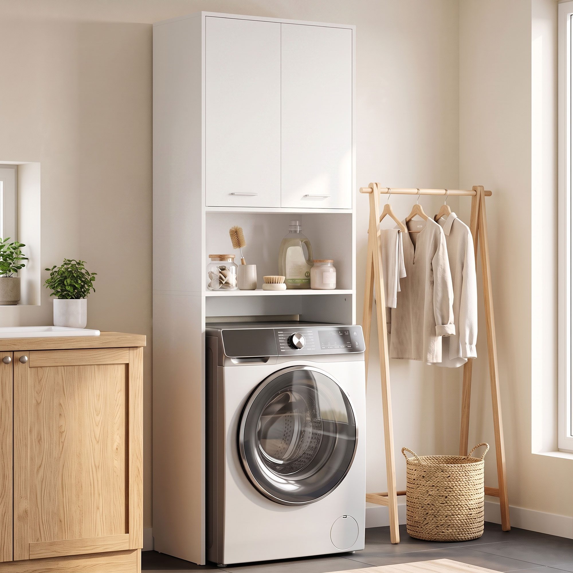 HOMCOM Waschmaschinenumbauschrank Hoher Badezimmerschrank mit 2 Türen (Set, 1-St., 1er Set) Überbauschrank für Waschmaschine,Toilette