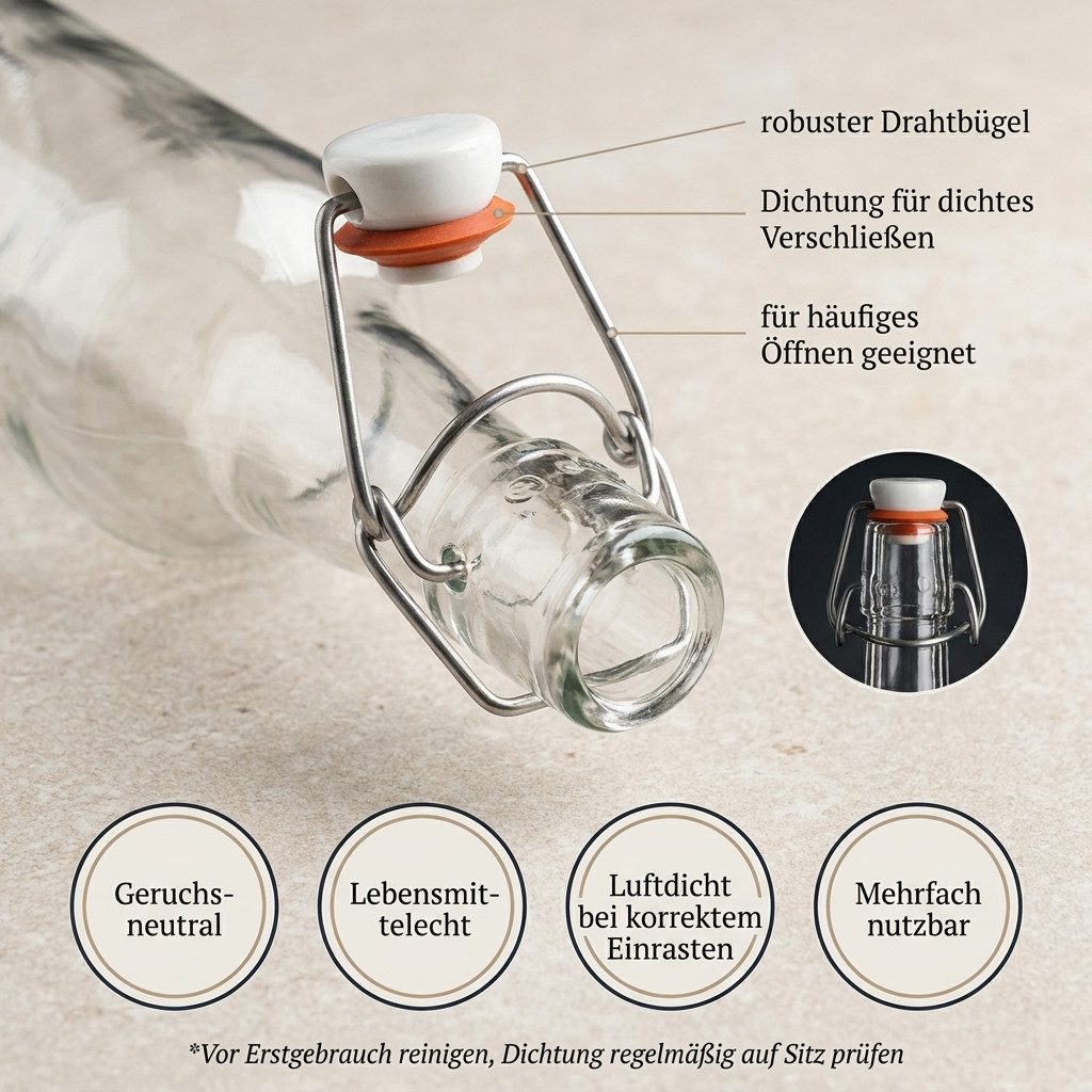 gouveo Trinkflasche Glasflaschen 750 ml Rondo mit Bügelverschluss - Bügel-Flasche, Drahtbügelverschluss, runde Flaschenform, aromadicht