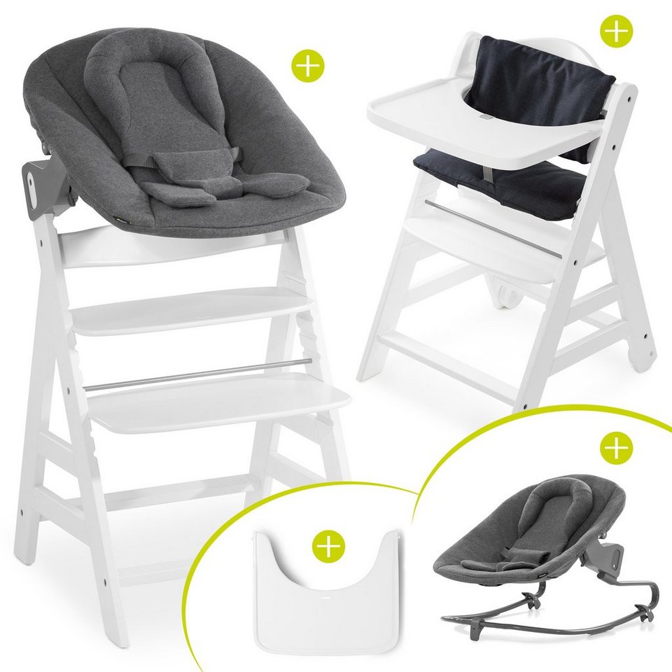 Hauck Baby Hochstuhl Alpha XL Set ab Geburt mit Neugeborenenaufsatz Weiss Grau Essbrett und Sitzauflage/Mitwachsender Holz Babystuhl mit Liegefunktion 