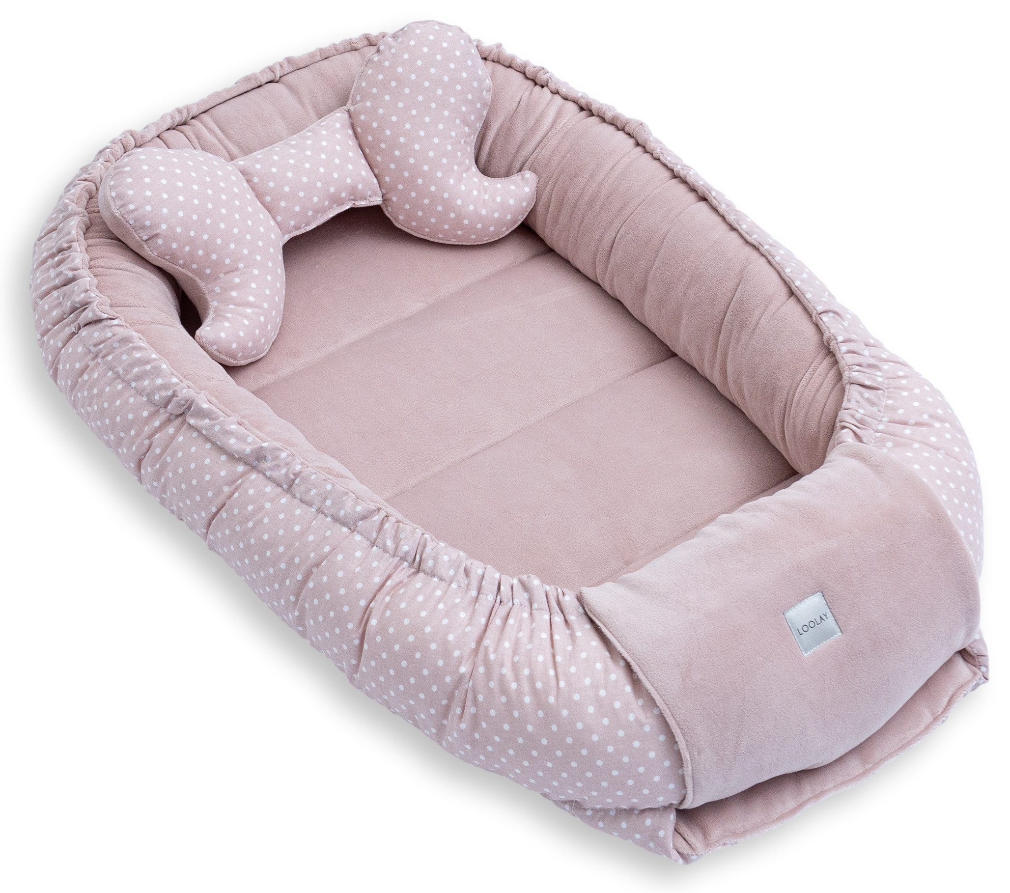 Loolay Kuschelnest BABYNEST + DECKE + Kissen Babyausstattung Baumwolle & Samt Velours, (MUSTER: ROSA Samt Velour/ Mini PUNKTE Rosa, 3-tlg., Liebevoll handgefert – Bild 4 von 5