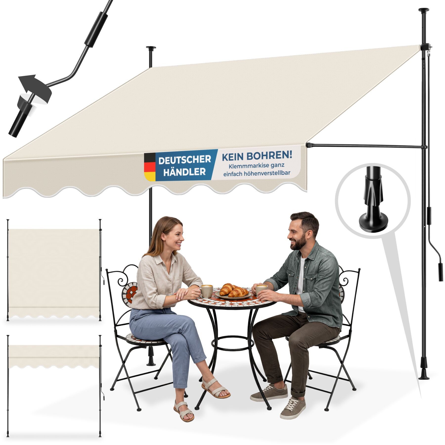 tectake Klemm-Senkrechtmarkise Klemmmarkise - Balkonmarkise mit Handkurbel, UV-beständig (Sichtschutz/Sonnenschutz für Terrasse und Garten, in beige) 180 x 200 x 304 cm, höhenverstellbar 211 - 304 cm, wasserabweisend