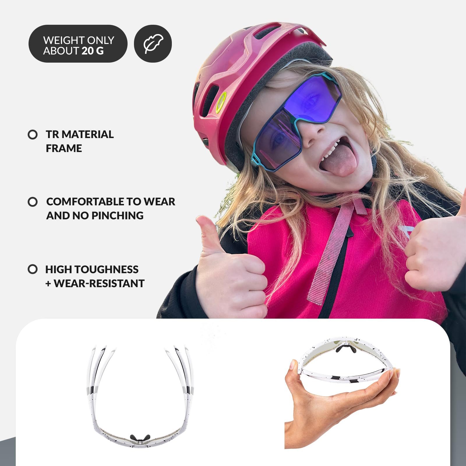 ROCKBROS Fahrradbrille Sportbrille Kinder Jugendliche Outdoor Radfahren TR90 Rahmen, selbsttönend, UV400 Schutz, photochrome Gläser, leicht, rutschfest