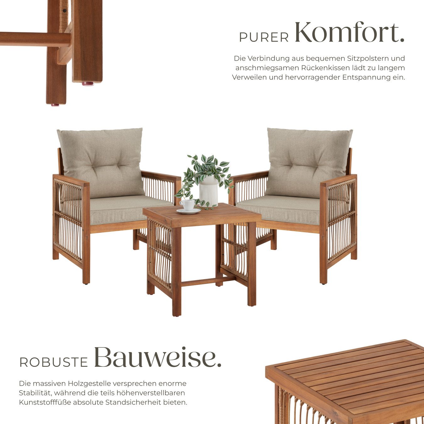 tectake Essgruppe Lounge-Set, wasserabweisende, abnehmbare Polyesterbezüge, (Sitzgruppe Eivissa, 3-tlg., Rope-Design in natur), Polsterdicke 10 cm, belastbar und wetterfest