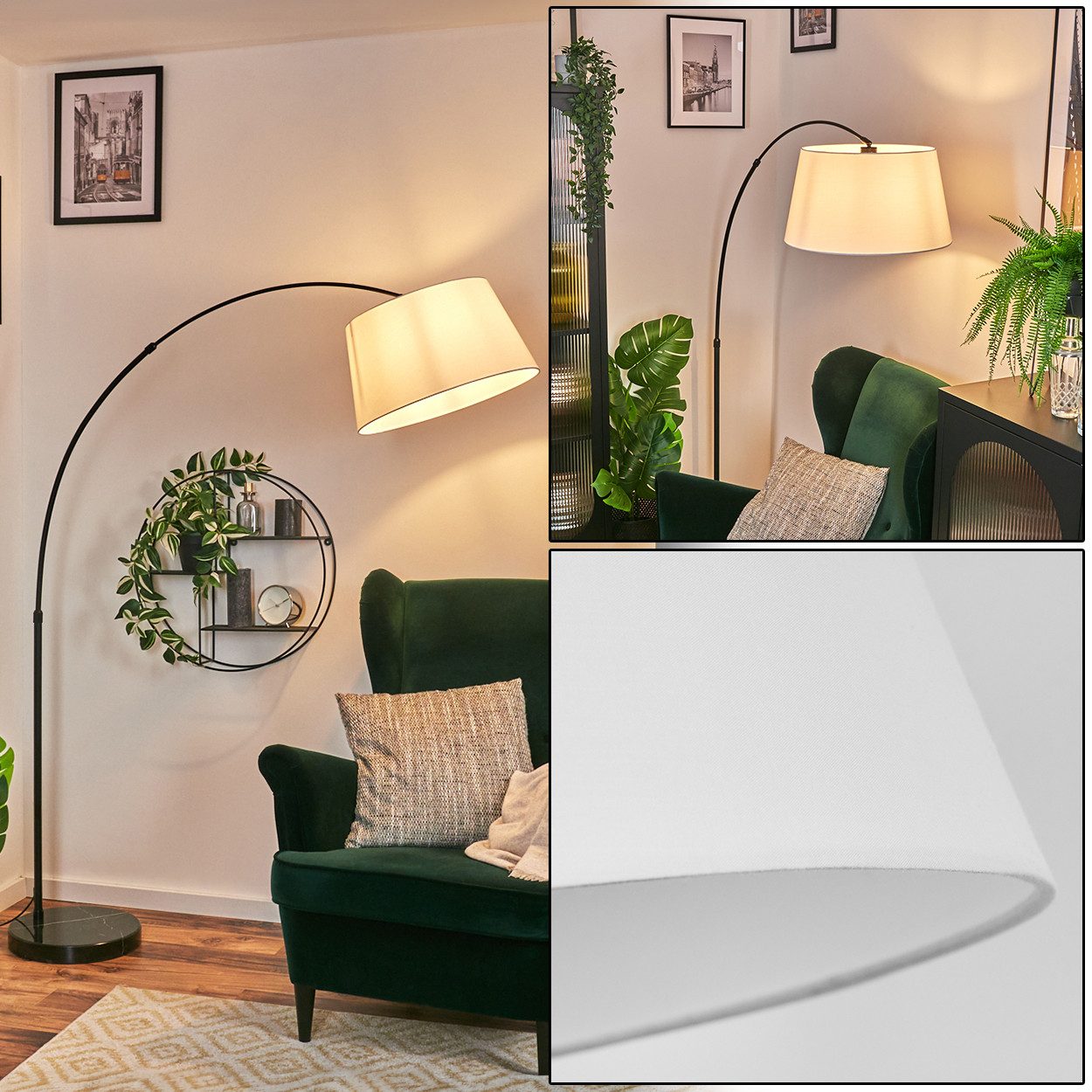 hofstein Bogenlampe Stehlampe mit Marmorfuß aus Metall/Stoff in Schwarz/Weiß, verstellbare Stehleuchte im modernen Design, Ø 45 cm, Fußschalter, E27