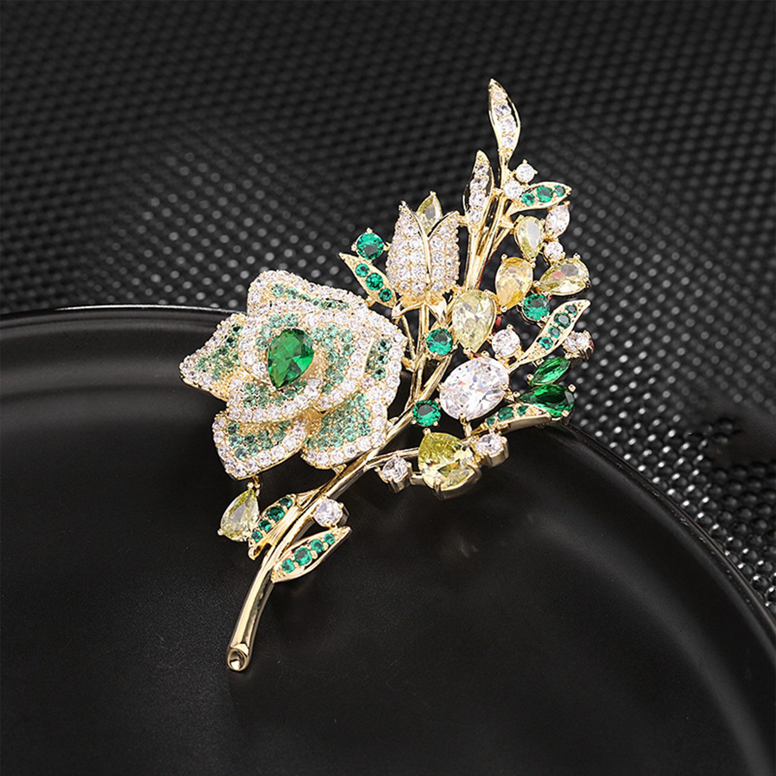 MOPUEA Brosche Brosche Rosen mit rosa grün Zirkon Kristall Damen Schmuck Elegante (Damen Brosche / Blumen Schmuck Pin, Rosen Blüten Brosche mit Zirkonia in Pink & Grün, Metall Gold), Zirkonia, Metall, 2 Farben, Rosenblume, elegant