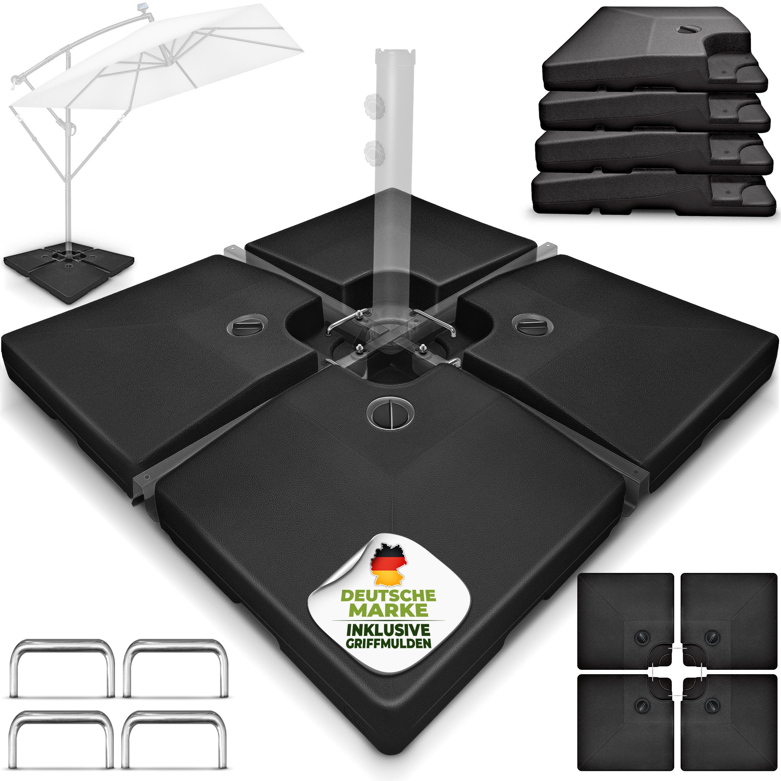 tillvex Sonnenschirm tillvex® Sonnenschirmständer 90L / 120kg Schirmständer Schirmgewicht, Schirmständer Ampelschirmständer wetterfest, inkl. Metallverbinder Schirmgewicht befüllbar, Sonnenschirmständer 90 Liter / 120 kg – 4-teilig für Ampelschirm