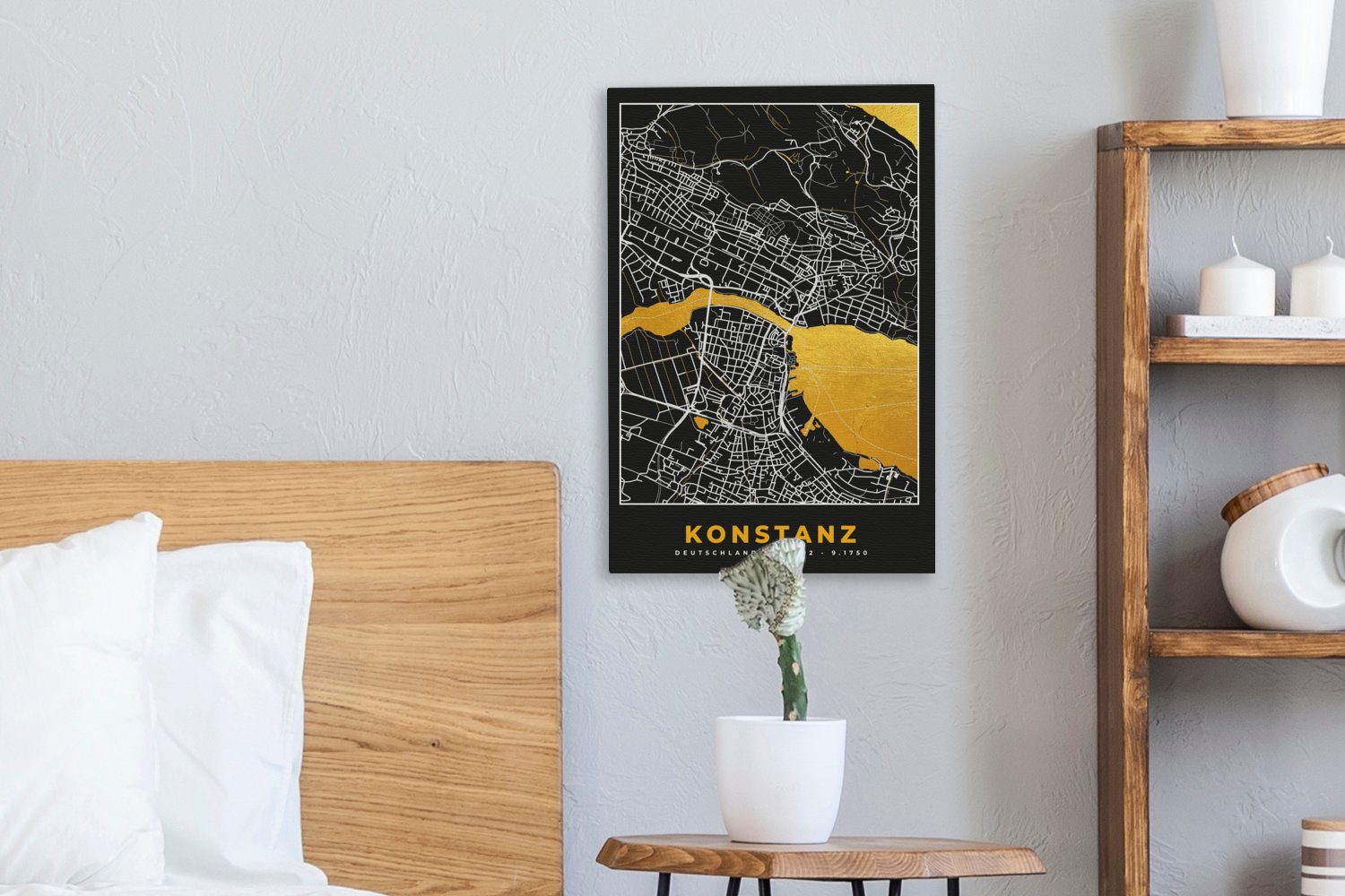 OneMillionCanvasses® Leinwandbild Deutschland inkl. - - Gold Gemälde, (1 Zackenaufhänger, Stadtplan bespannt Karte, St), - Konstanz - cm 20x30 Leinwandbild fertig