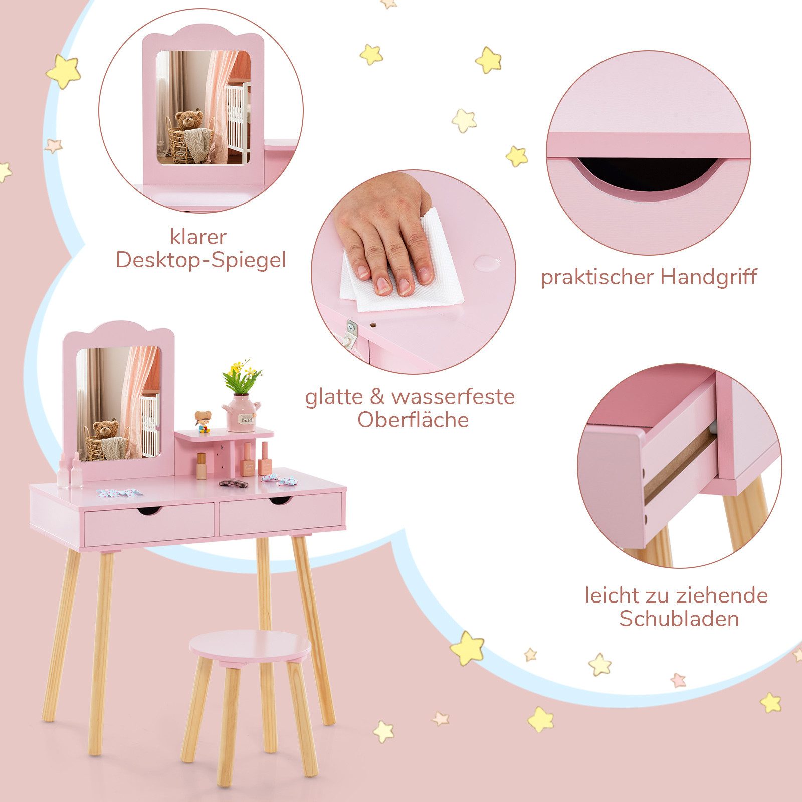 COSTWAY Schminktisch 2 in 1 Kinder Schreibtisch mit Hocker, aus Holz günstig online kaufen