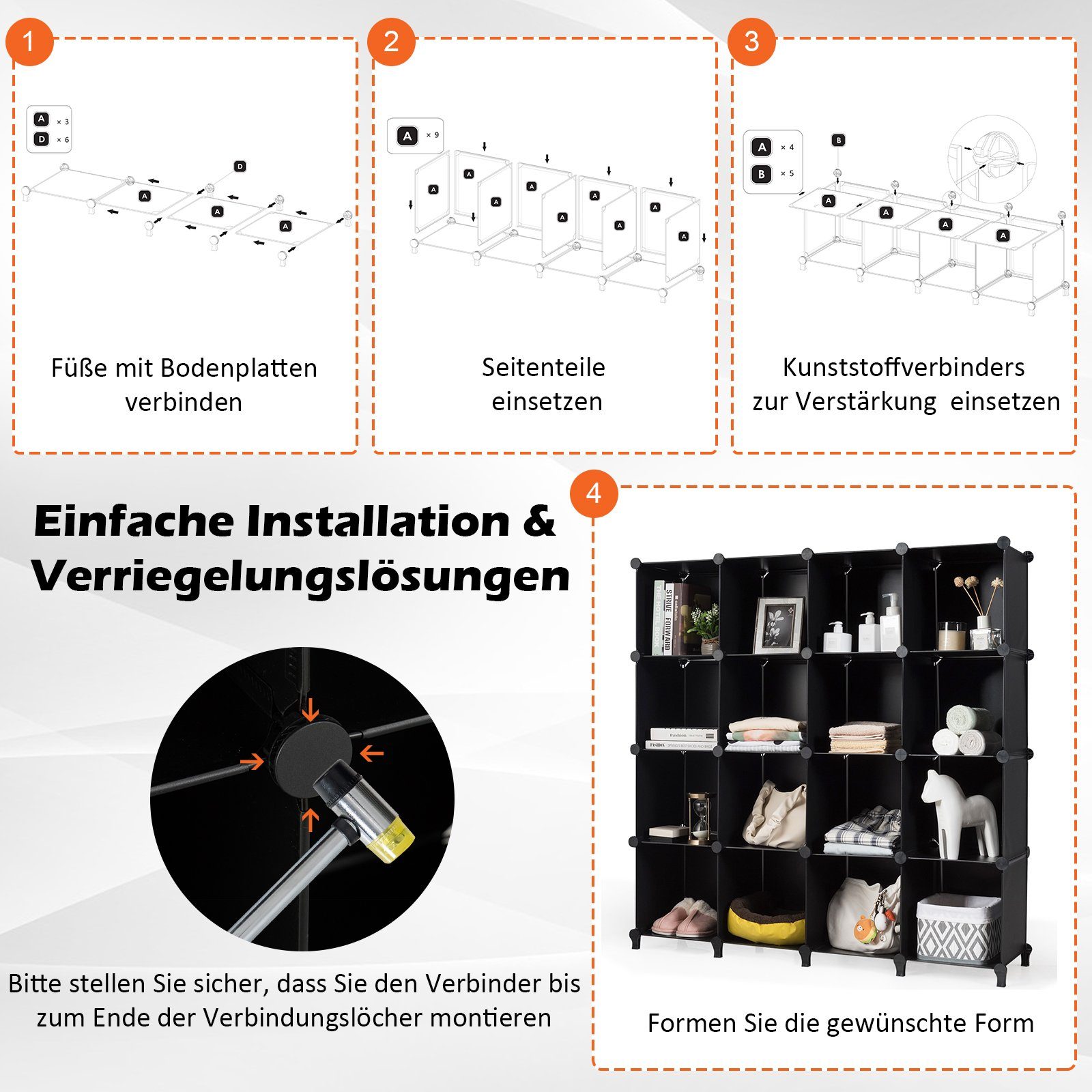 stapelbar, halbtransparent, 31 125 Schwarz 129 Fächer, COSTWAY x cm Regalwürfel, x 16