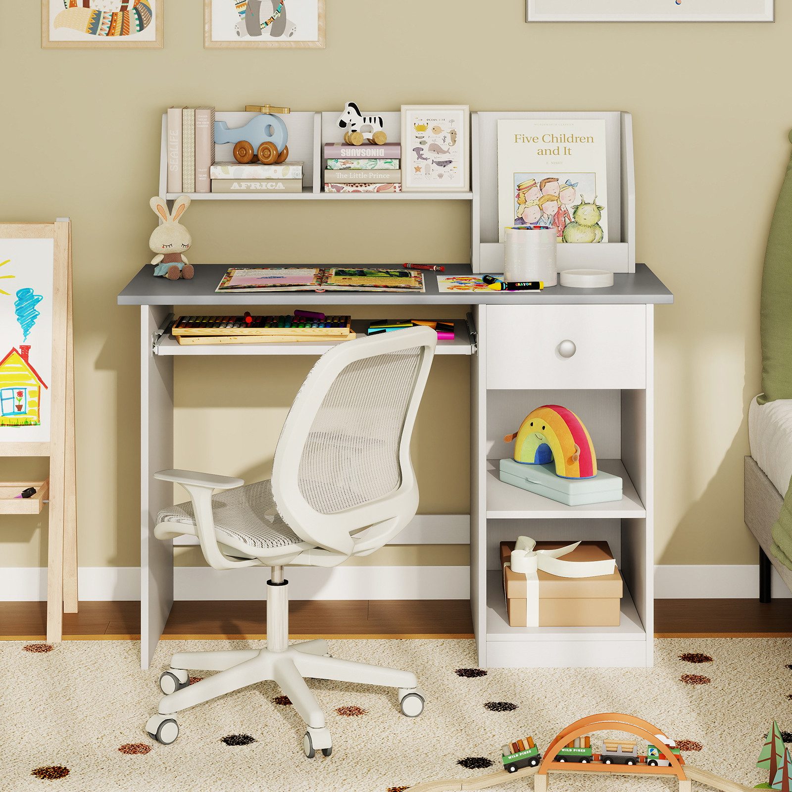 COSTWAY Kinderschreibtisch, mit Schublade, Bücherregal & Tastaturablage