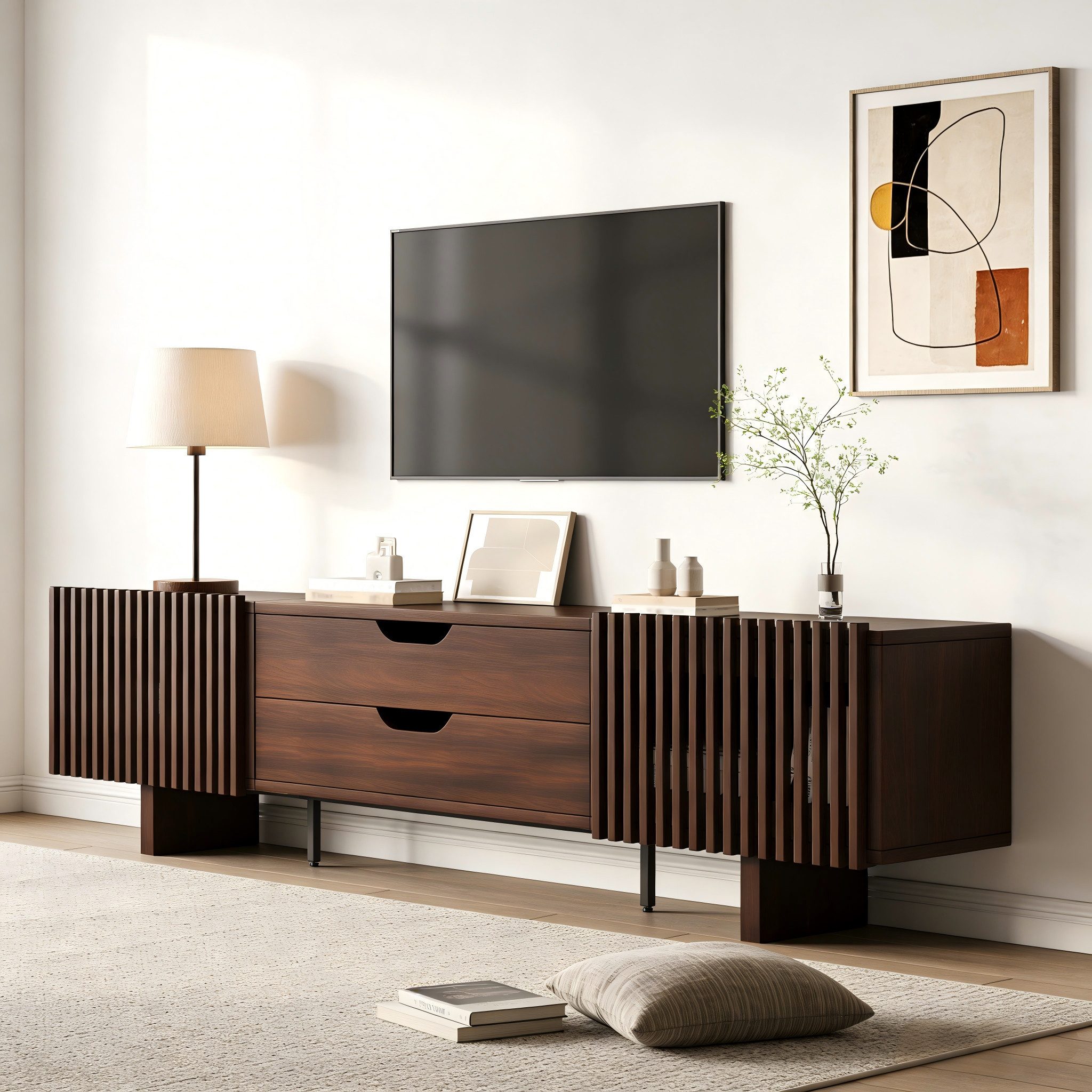 Yorbay TV-Bank Vintage Nussbaum Lowboard, 180x40x45cm, Lamellentür-Design, Fernsehschrank mit 2 großer Schubladen für Fernseher bis zu 75 Zoll