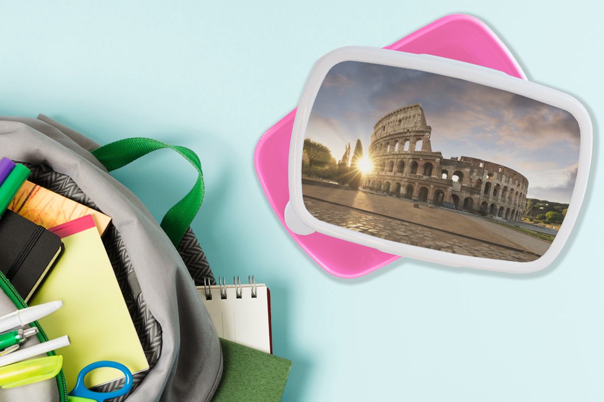 Kolosseum (2-tlg), Italien, - MuchoWow Brotdose Kunststoff rosa Kinder, Mädchen, Brotbox Lunchbox für Rom Snackbox, Erwachsene, - Kunststoff,