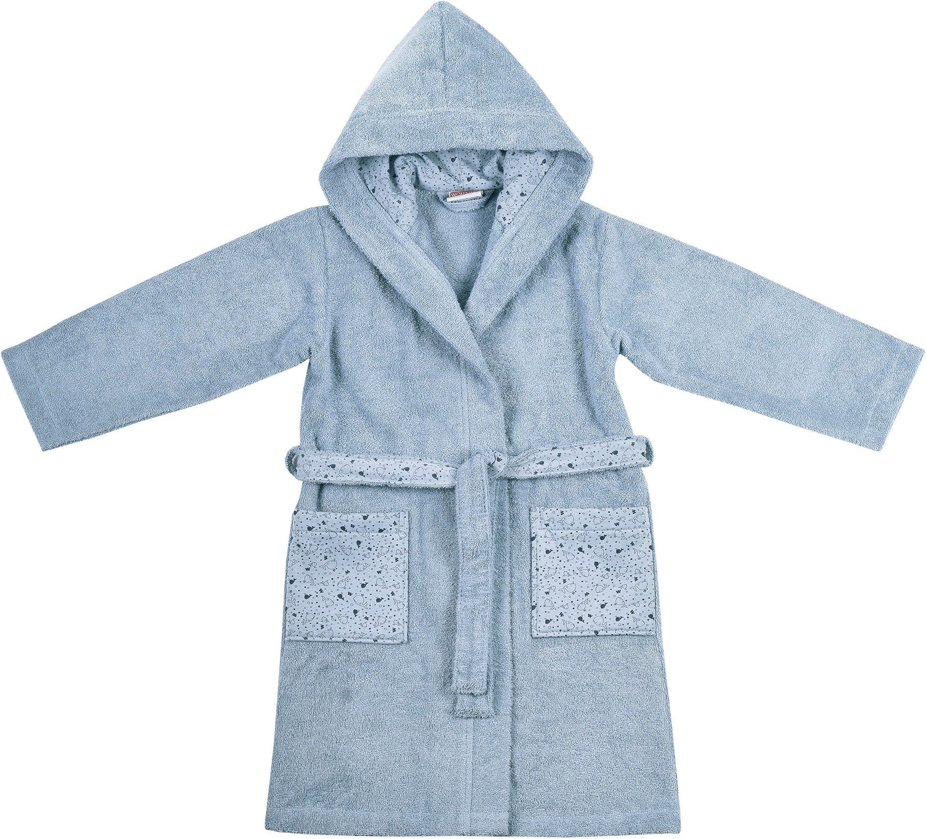 Wörner Kinderbademantel Wal, Langform, Baumwoll-Webfrottier, Kapuze, Gürtel, mit Stickerei, mit Tasche, maschinenwaschbar, trocknergeeignet
