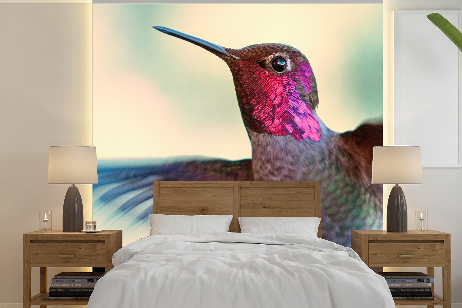 MuchoWow Fototapete Vögel - Kolibri - Rosa, Matt, bedruckt, (5 St), Vinyl Tapete für Wohnzimmer oder Schlafzimmer, Wandtapete