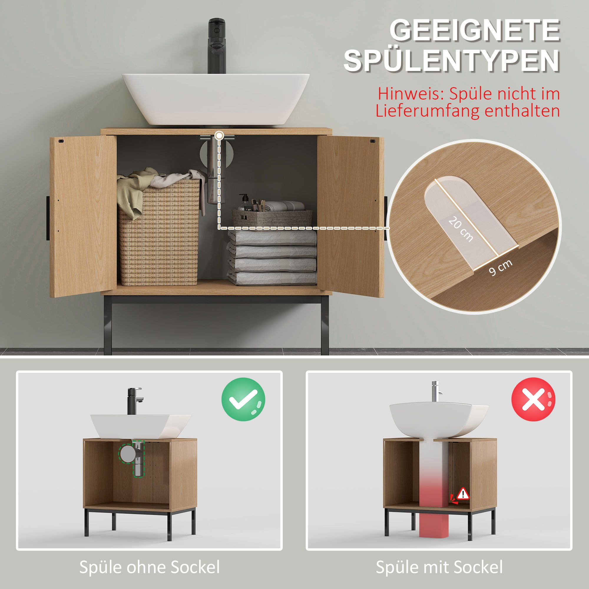 furnicato Badmöbel-Set Waschbeckenunterschrank 60L x 39B x 60H cm in Eiche, (1-St)