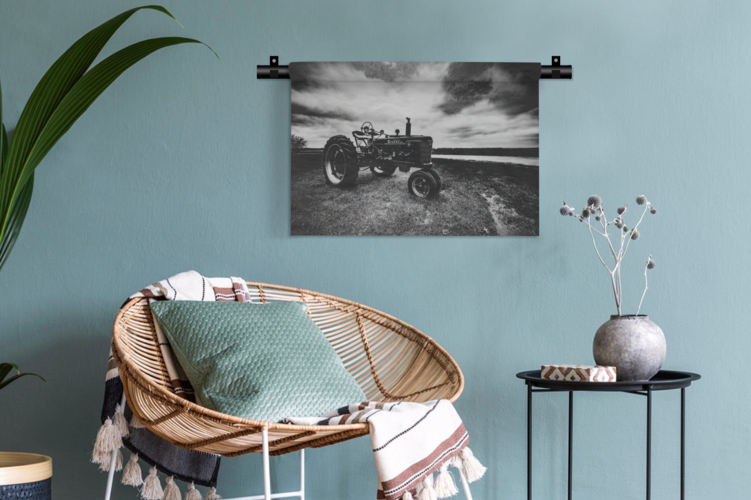 Wandbehang, - Wohnzimmer, Schwarz Wanddeko MuchoWow Kleid, Weiß Bauernhof Vintage, - - Traktor - Wanddekoobjekt Schlafzimmer, für Kinderzimmer