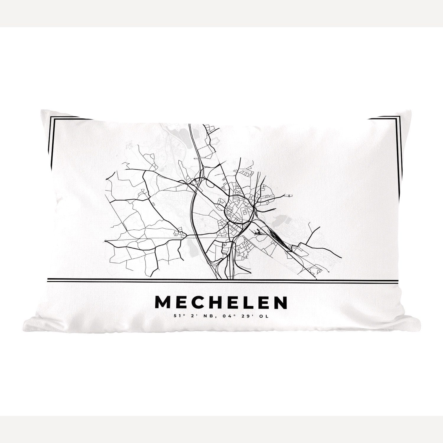 MuchoWow Dekokissen Belgien - - Wohzimmer - weiß - Mechelen Dekoration, Stadtplan und Füllung, Schlafzimmer Zierkissen, - mit Karte, Dekokissen Karte Schwarz