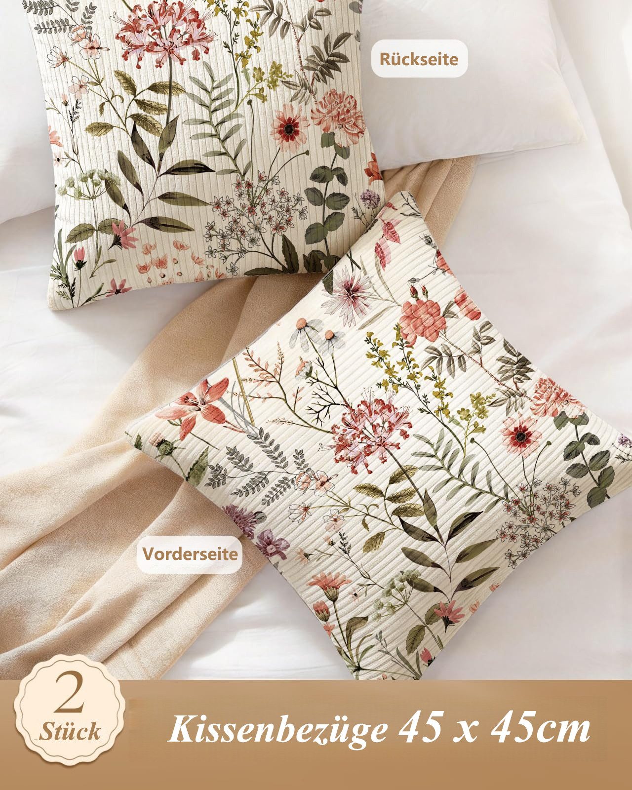 FOUORTUNATE-BEE Kissenbezüge 2er-Set Rosa Blumenmuster Corduroy Kissenbezüge Frühlings-Kissenhüllen, (2 Stück), mit Reißverschluss für Sofa, Couch, Wohnzimmer,  – Bild 4 von 5